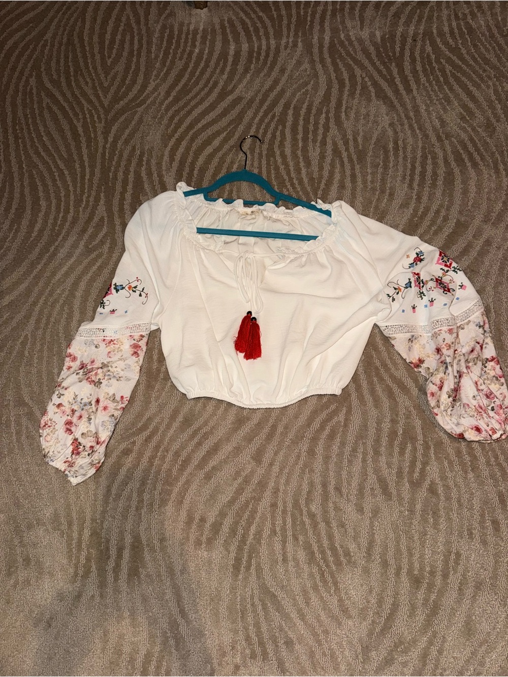 Miss Me Boho Embroidered Off The Shoulder Tassel Crop Top - Size Small